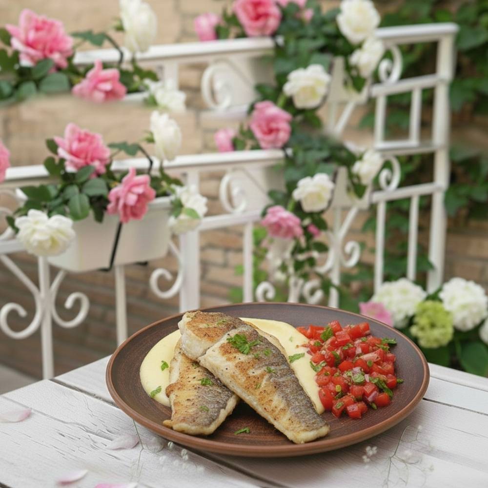 FILE DE BIBAN CU PIURE DE PĂSTÂRNAC ȘI SALSA DE ROȘII