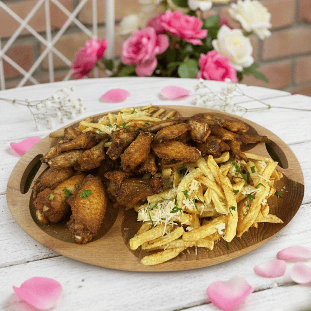 ARIPIOARE LA CEAUN CU CARTOFI PRĂJIȚI ȘI MUJDEI