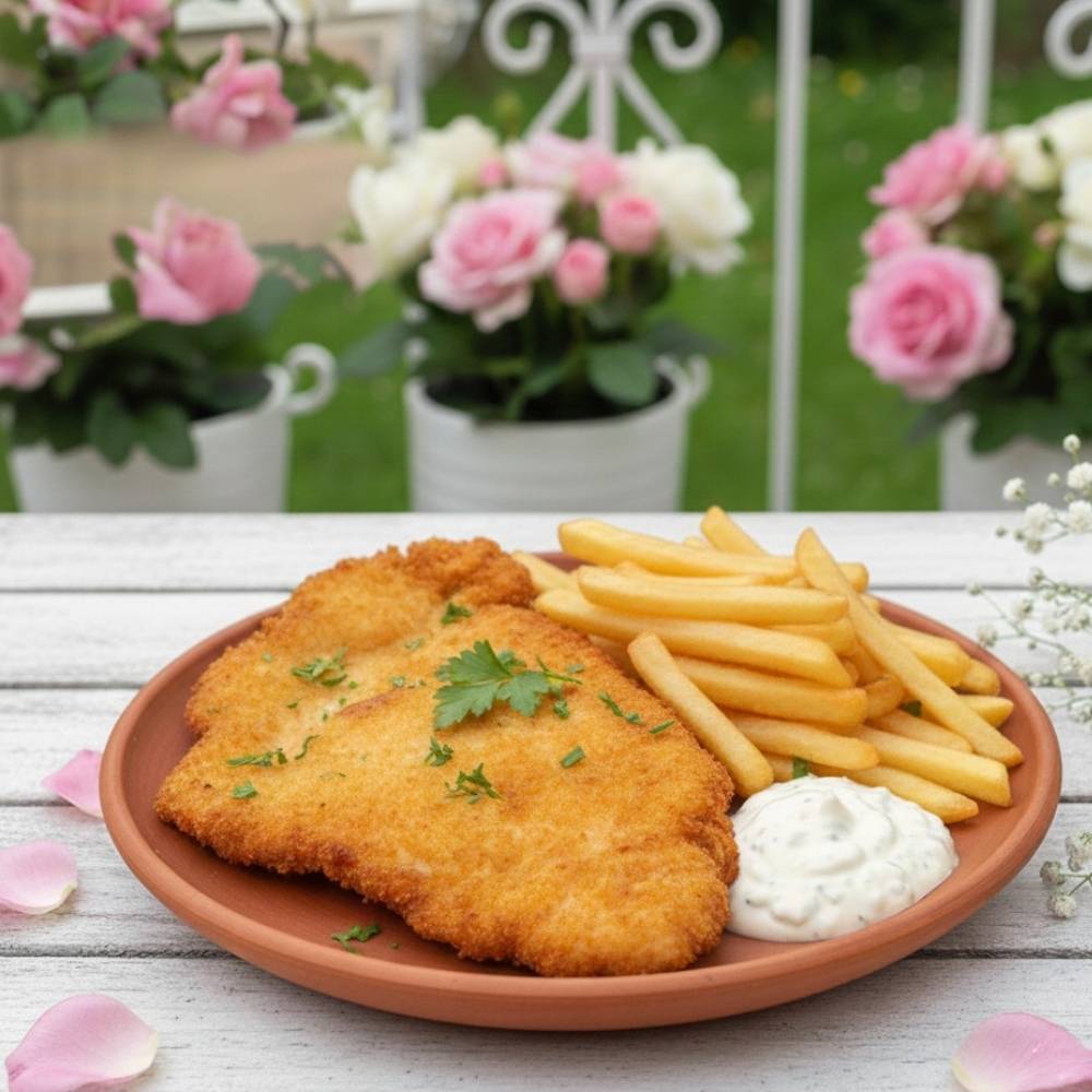 SNITEL DE PUI CU CARTOFI PRĂJIȚI ȘI SOS